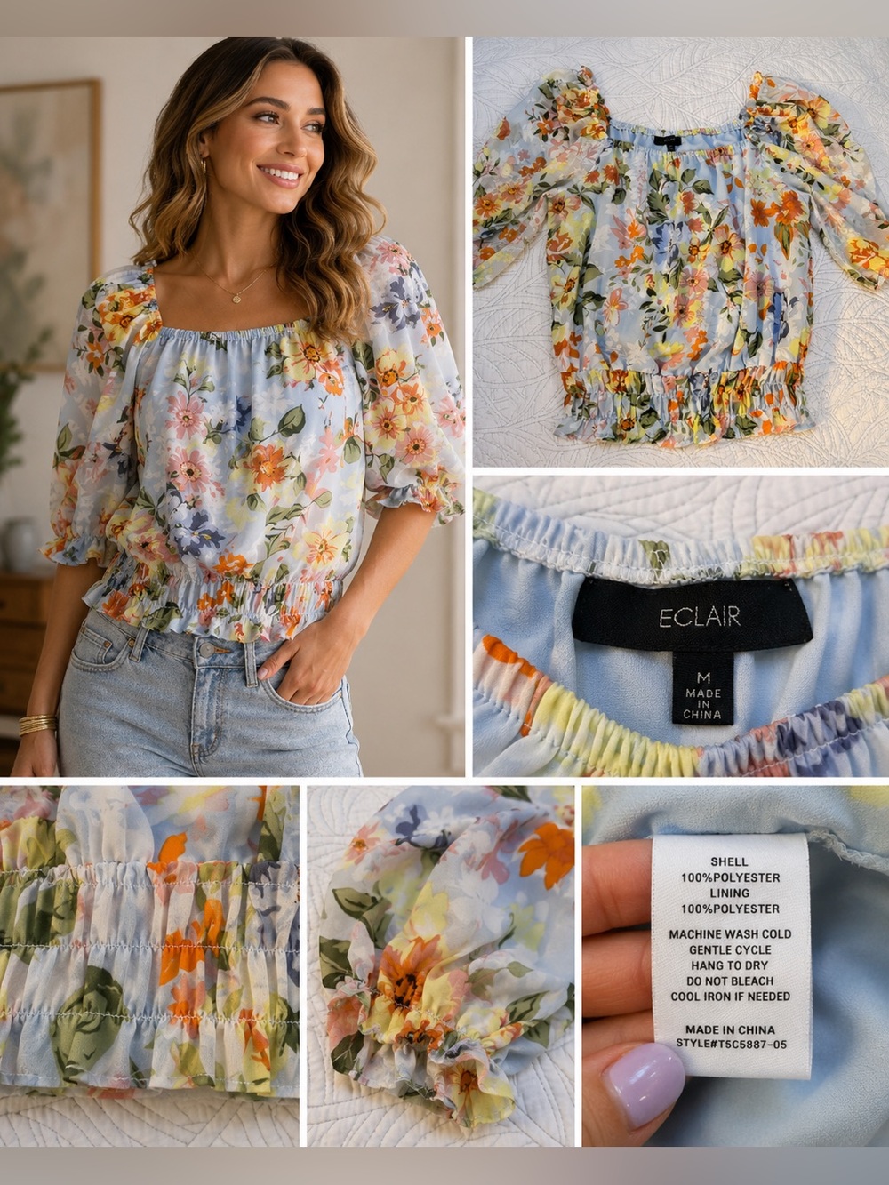 Eclair Women's Floral Off-the-Shoulder Peasant Blouse Puff Sleeve Cottagecore